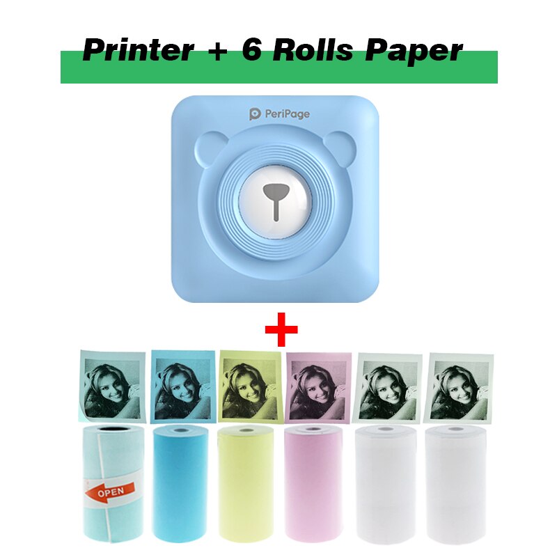 Peripage Portable Pocket Mini Photo Thermal Printer Wireless Sticker Printing Machine Free APP Support Multi-Language For Phone: Blue  6 rolls paper
