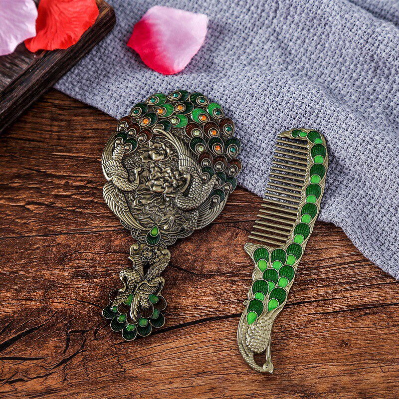 Makijaż lustro chiński Vintage Hollow-out rzeźba Rhinestone lustro zestaw grzebieni z pudełko eleganckie z kieszeniami lustro dla kobiet