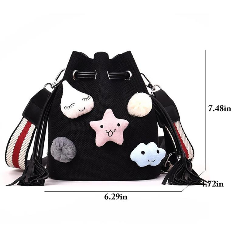 Mode Geweven Leuke Sterren Bal Decor vrouwen Schoudertas Trekkoord Emmer Zak Leuke Charm Decor Crossbody Tas Met Pouch