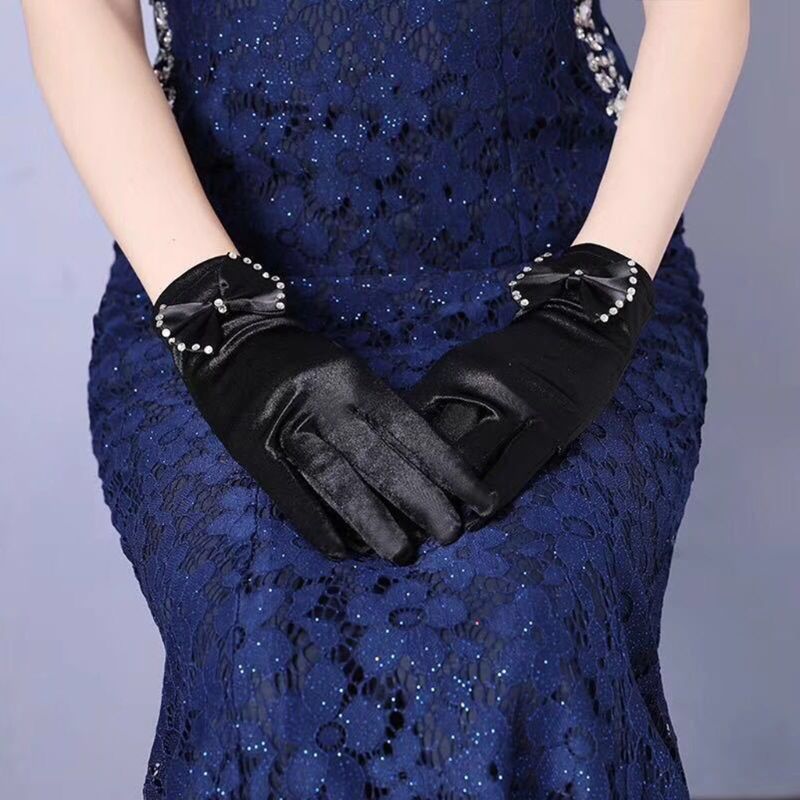 Gants de mariage courts en Satin Vintage, avec nœud papillon en strass, mitaine de fête à clapet des années 1920