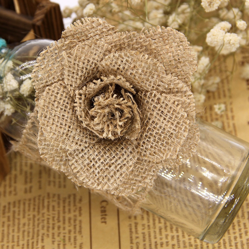 2/3/5pcs 9cm Fait Main Jute toile De Jute Toile De Jute Rose Fleurs Vintage Décoration De Mariage Rustique Jute Décorations De Noël pour la maison