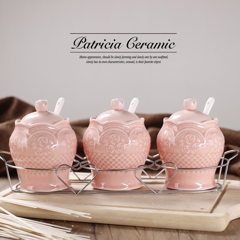 Keramische Bone China Caster Zout Suiker Pot Set (3 Stks) met Graveren Rose Patroon voor Keuken Koken