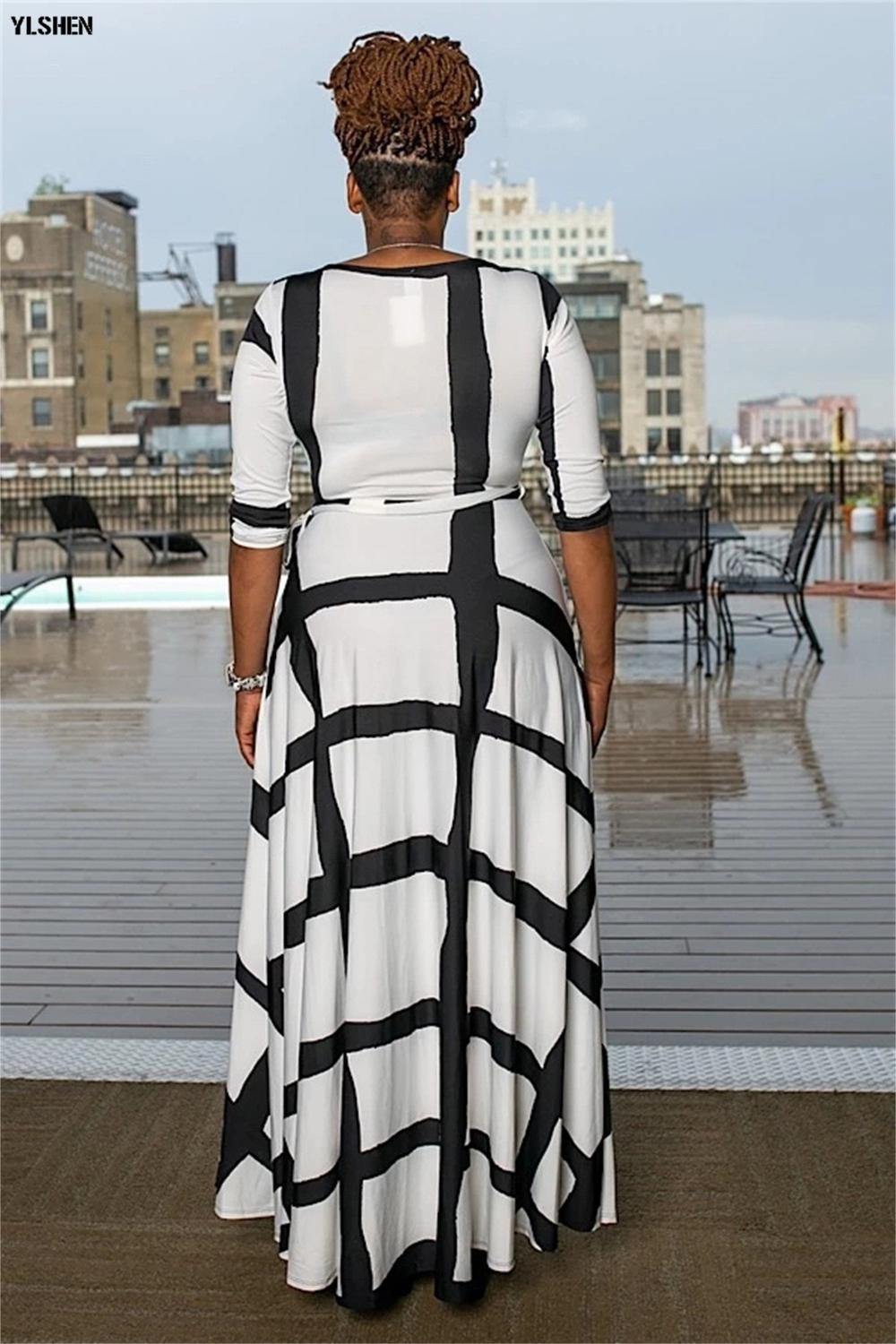 5XL African Dresses for Women Dashiki African Clothes Basin Riche Positioning Print Long Sleeve Black White Africa Dress