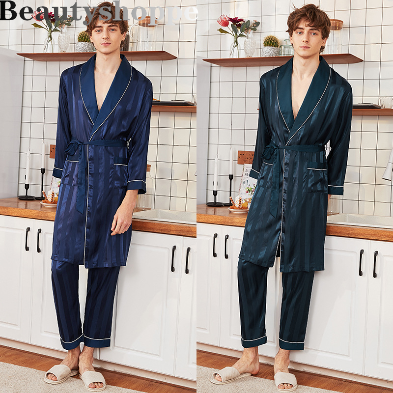 Real Mens Luxury Bathrobe Geometric Robes V-Neck Lmitation Silk Knitted Sleepwear Full Sleeve Nightwear Pants XXXL