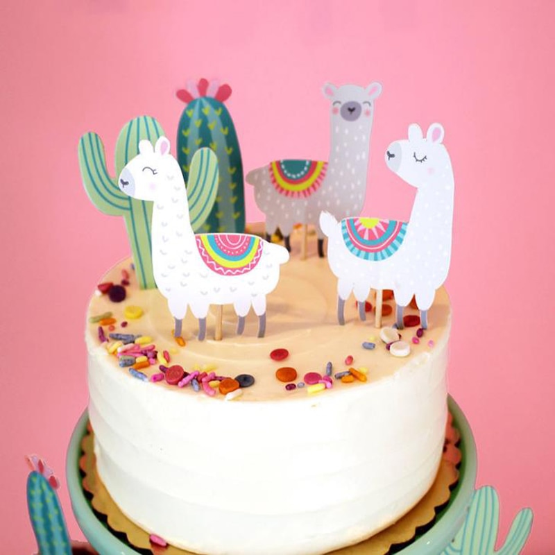 12 stks/set Cartoon Dier Alpaca Lama Cactus Cake Topper Cupcake Toppers Bruiloft Verjaardag Party Kerst Taart Decoraties