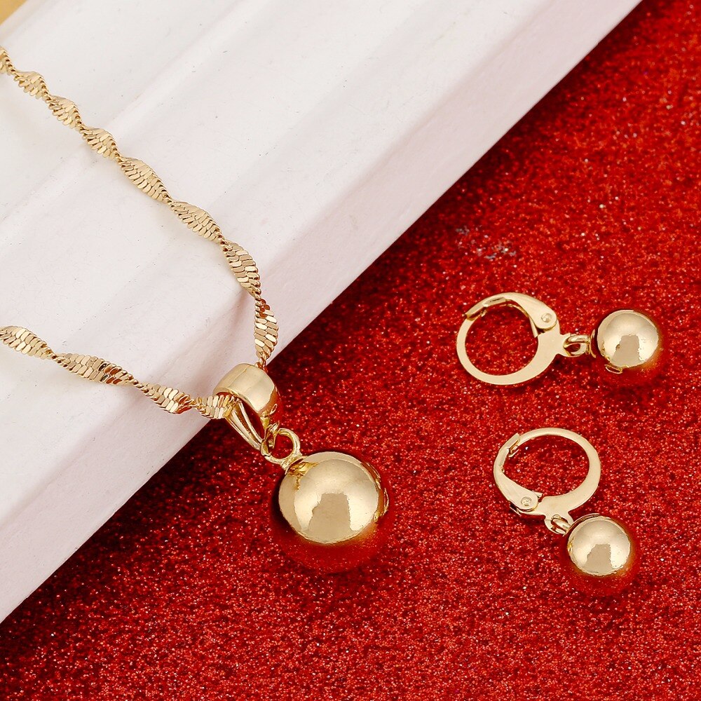 Gold Color Plain Bead Jewelry Round Pendant Chain Necklace Ball Earrings Pendant Women Jewelry Set