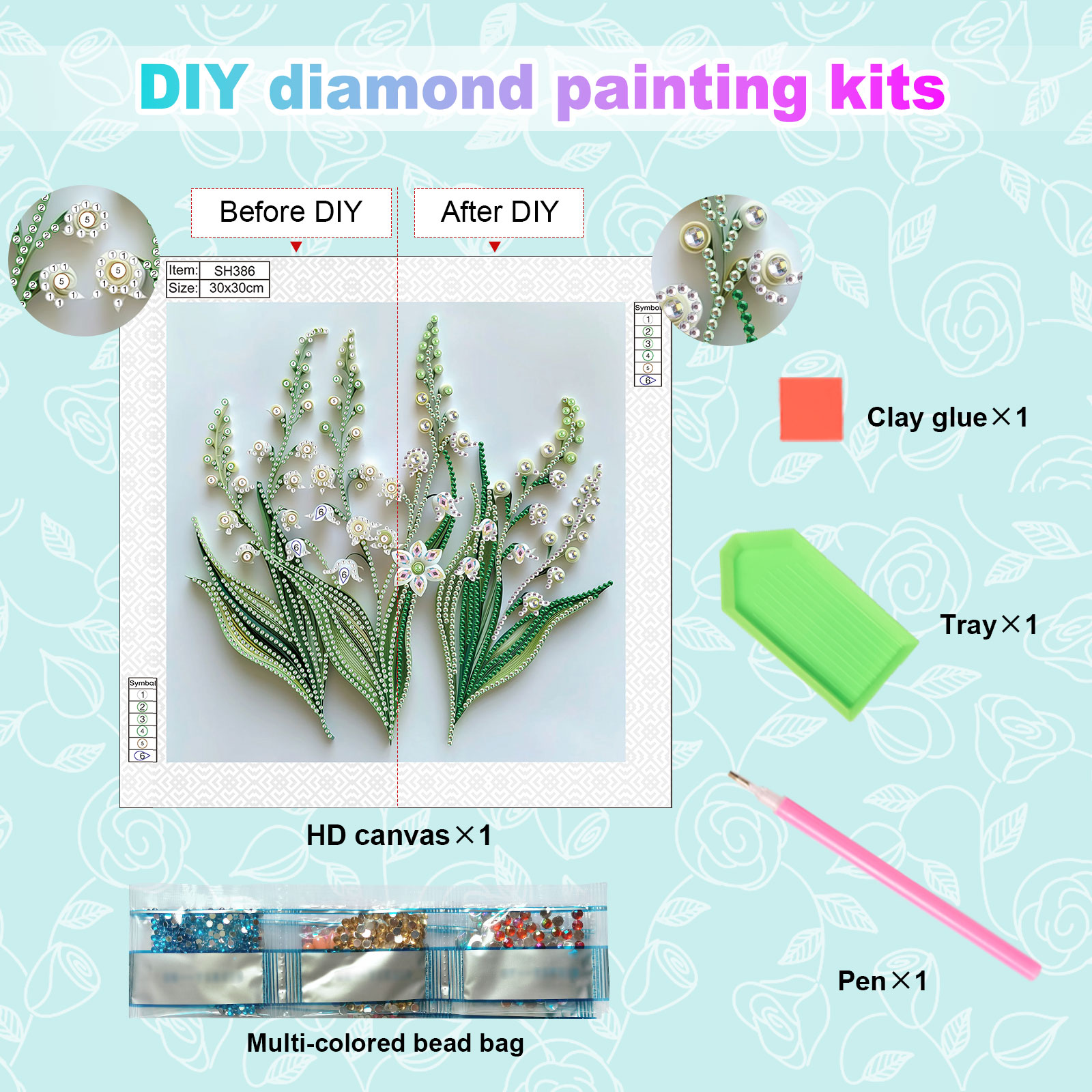 Diamantmalingssett til voksne, diy-blomster diamantkunstsett med spesielle tidligere til nybegynnere til veggdekorasjon i hjemmet