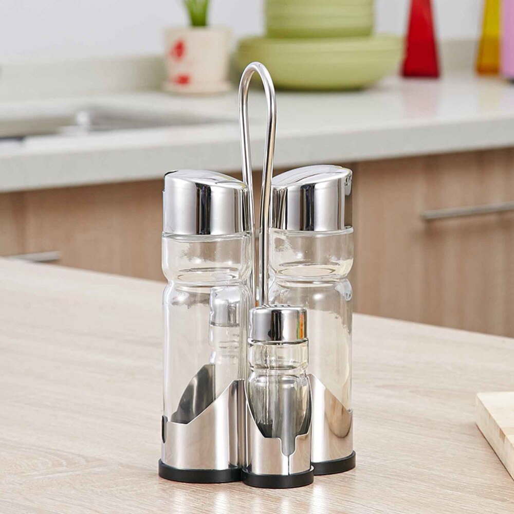 Oil and Vinegar Bottle Set 304 Stainless Steel Cap and Glass Cruet Slat/Pepper Shakers for Kitchen