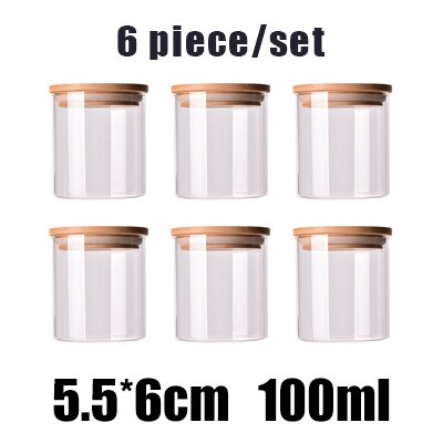 Kitchen Food Storage Transparent Glass Jars with Bamboo Cover Sealed Cans Bottles Spice Jars Candy Box Kitchen Storage Can: 6PCSZ1
