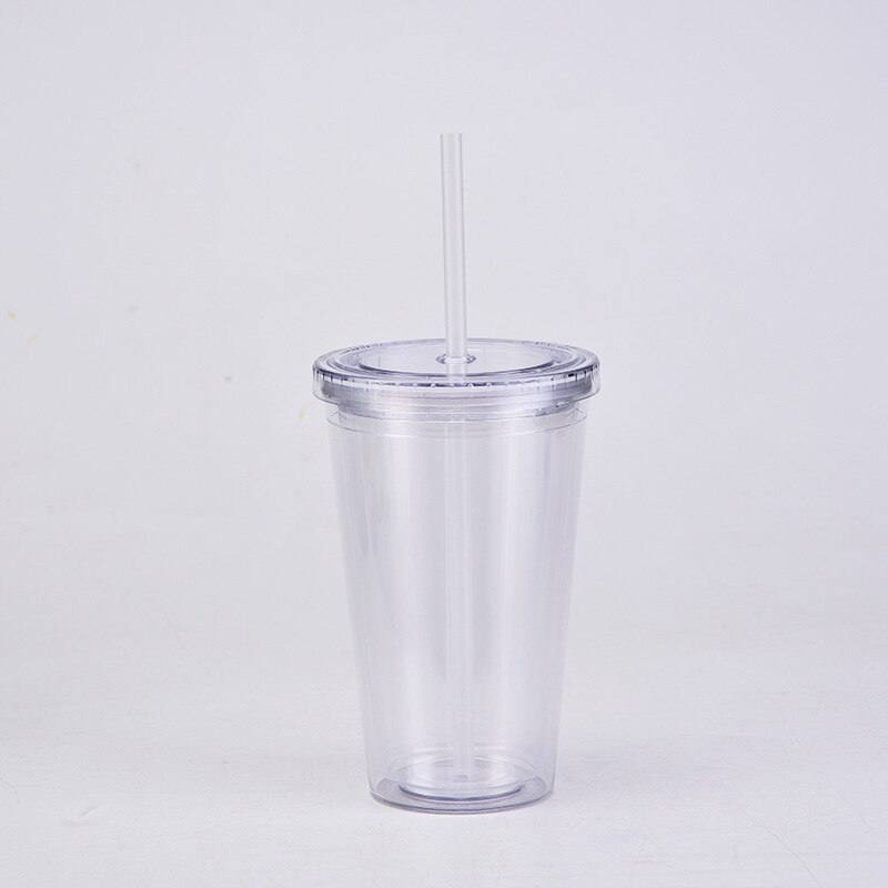 Vasos acrílicos transparentes de doble pared, vaso de plástico con pajillas, reutilizable, para bebidas frías y zumos, 16oz: L