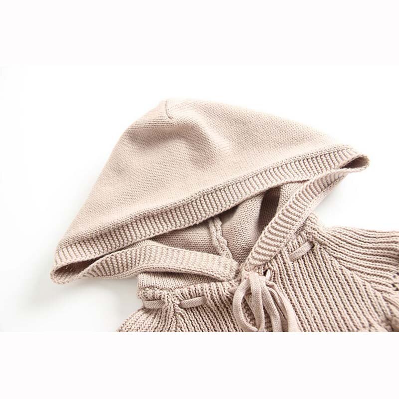 Barboteuse en tricot pour bébés filles | Chandail solide à capuche, manches longues, combishort ajouré, ensemble