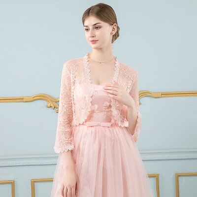 Women Black Lace Jacket for Wedding Dress Long Sleeve Appliqued Boleros Evening Party Wraps: Pink