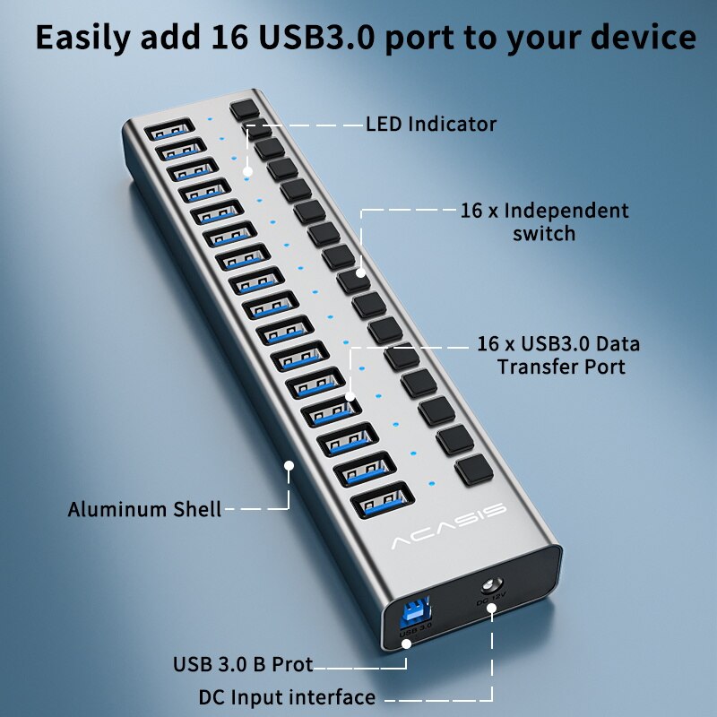 Acasis Multi-Ports Powered USB 3.0 HUB USB Extension with On/Off Switches 15V Adapter Support Splitter Computer Accessories