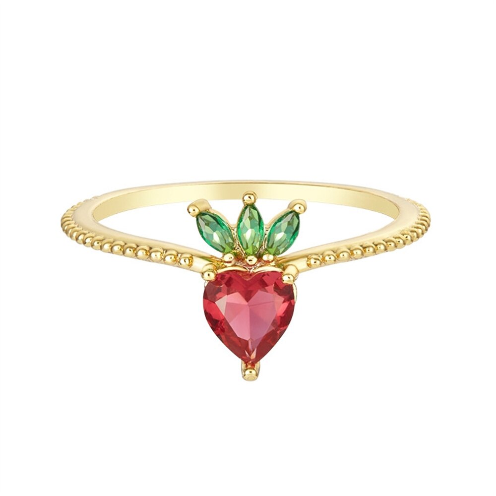 Sweet Crystal Apple Strawberry Cherry Grape Rings for Women Cute Fruit Gold Rings Set Party Jewelry Summer Style: Strawberry