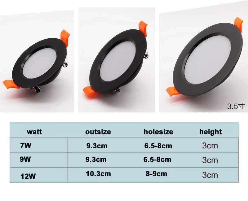 led downlight lamp 7W 9w 12w 230V 220V ceiling recessed downlights smd2835 Round Spot Lamp black Home Indoor Lighting