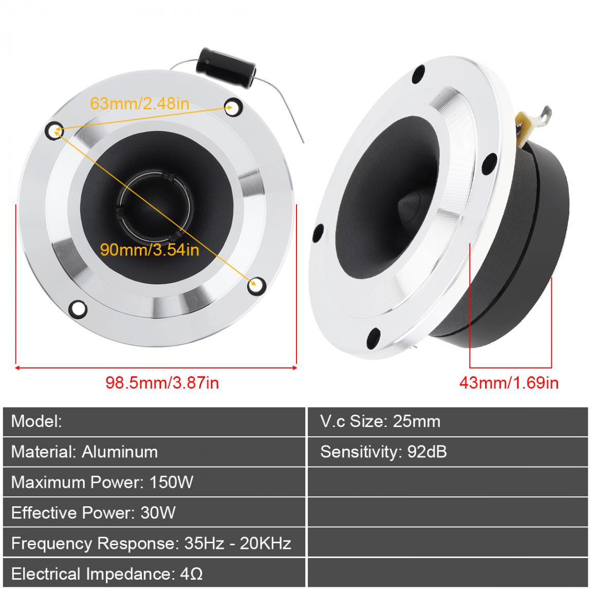 2pcs 4 Inch 150W 4OHM Aluminum Bullet Tweeter Speaker with Capacitor for Vehicle Auto Cars Stereo Modified