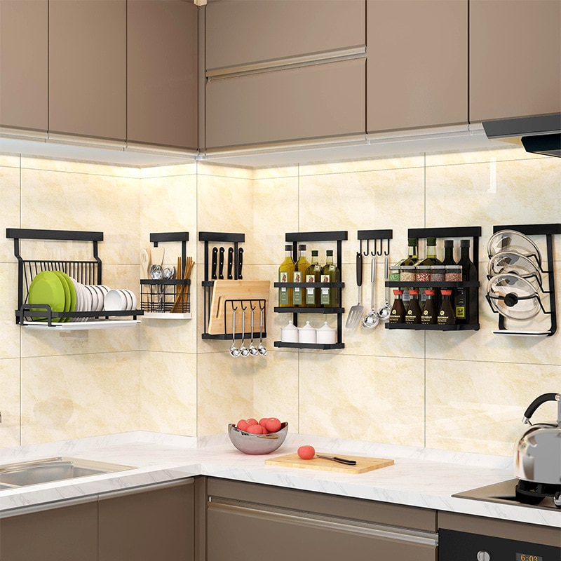 Black Stainless Steel Wall Mounted Kitchen Storage Rack Dish Drainer Plate Drying Pot Cover Cutlery Holder Oragnizer Accessories