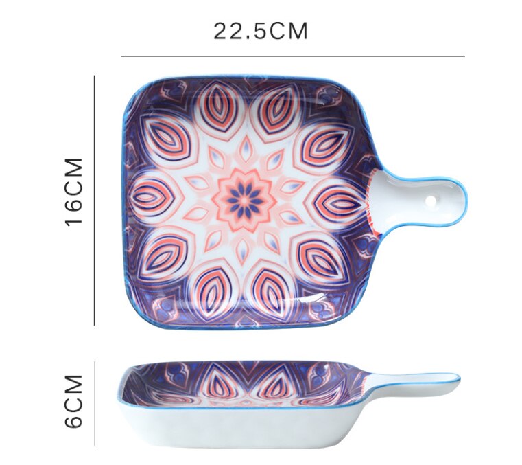 Bohemian Style Single Handle Square Baking Tray Ceramic Plate Household Dishes For Kitchen Utensils: 2