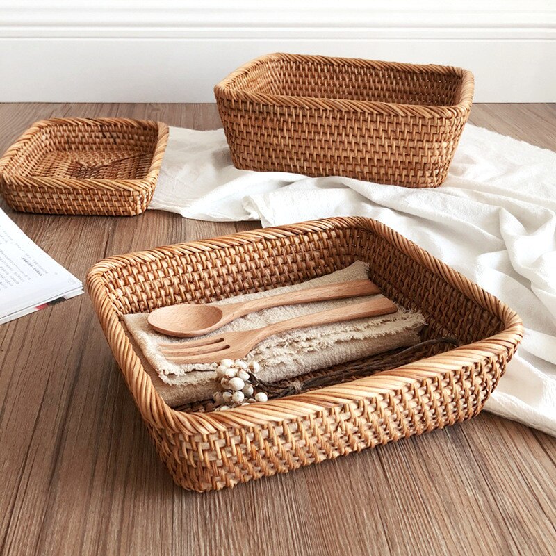 Handmade Rattan Storage Baskets Household Items Snacks Fruit Tea Bread Picnic Cosmetic Rattan Box Kitchen Supplies Organizer