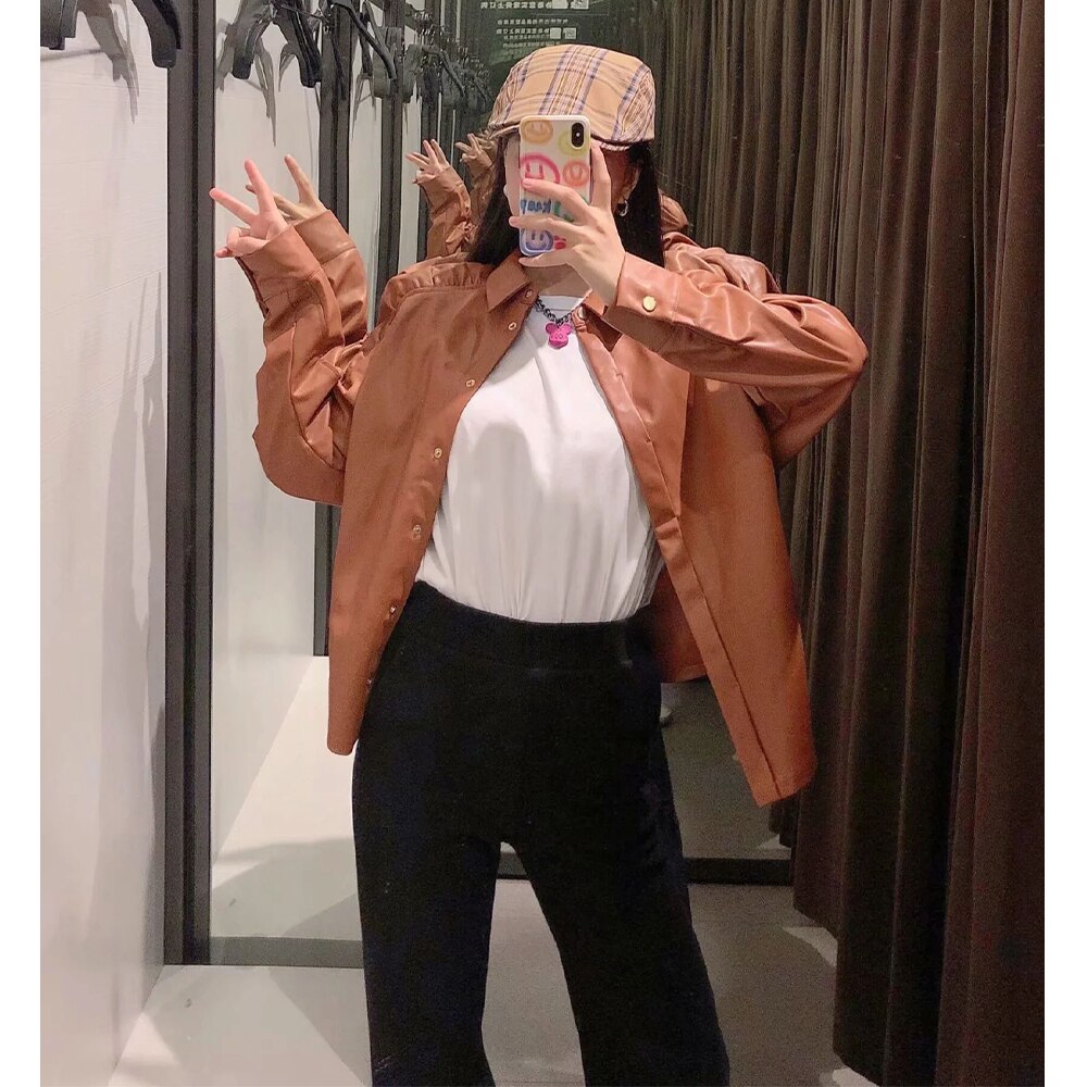 Fall Winter Women Faux Leather Shirt Long Gathering Sleeves Casual Chic High Street women Shirts