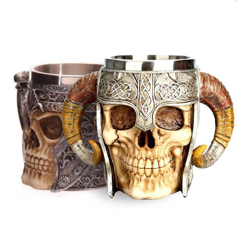 Mug Cup Halloween Maimon Skull Knight Horn 3D Coffee Mug Beer Special Shape Stainless Steel Tea Water Drinking Cup