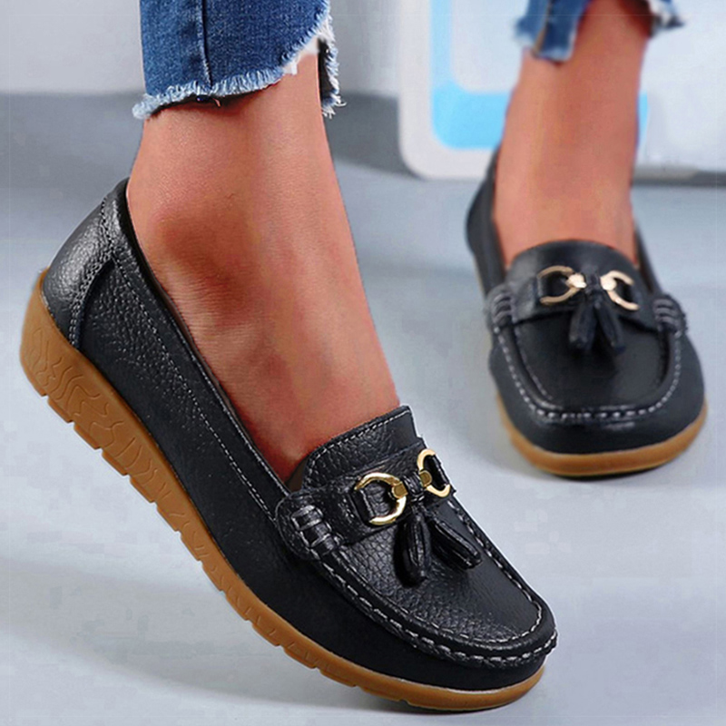 Ægte læder dame flade sko afslappet damesko mokkasiner sko dame slip-on flade sko sorte damesko plus size