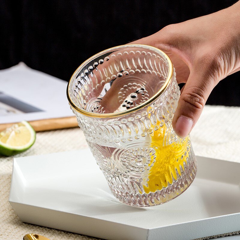 Tasse en verre Vintage nordique 260ml/380ml, verres à vin en relief, verre à lait, tasse à café pour boisson froide, tasses à eau transparentes