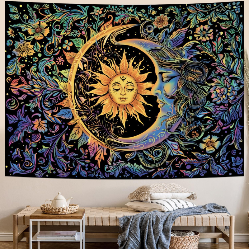 VIKAMA Sun And Moon Tapestry, Psychedelic And Mysterious Flower Tapestry, Hippie Bohemian Flower Plant Wall Tapestry