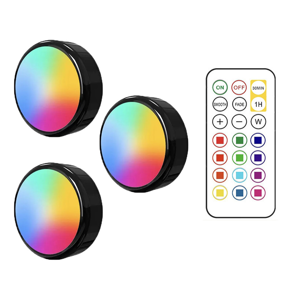 RGBW LED Puck luces nocturnas Control remoto regulable debajo del gabinete luz con pilas lámpara de empuje inalámbrica armario de cocina