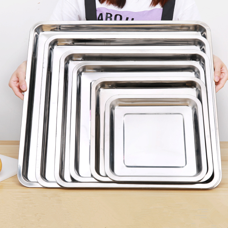 Stainless Steel Square Food Storage Tray Steamed Sausage Shallow Plate Bread Baking Pans Kitchen Accessories
