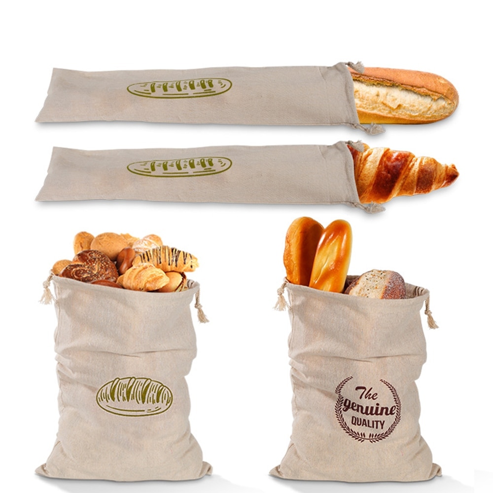 Linen Bread Bag Reusable Homemade Artisan Bread Storage Bag French Baguette Drawstring Bag Kitchen Storage