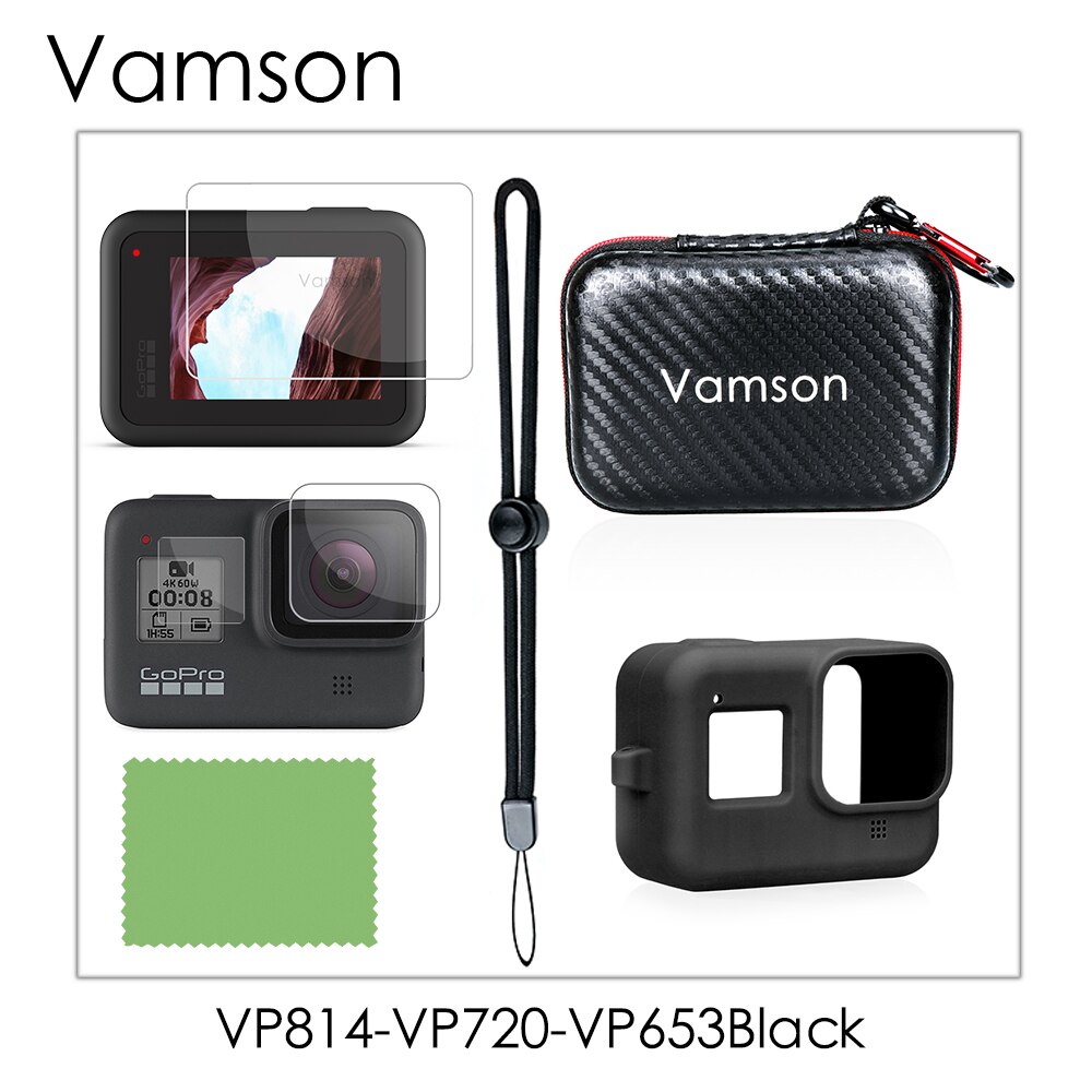 Vamson tilbehørssæt til gopro hero 8 sort bundt inkluderer sort bæretaske+skærmbeskytter i hærdet glas  vp814: Vp814-vp720-vp653