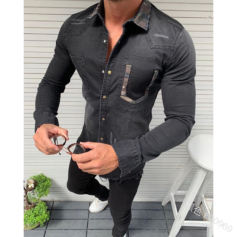 Mandlig vintage denim skjorte efterår herre camouflage sim fit langærmet skjorte rå kant mand hemd skjorte chemise blanche: Sort / Xxxl