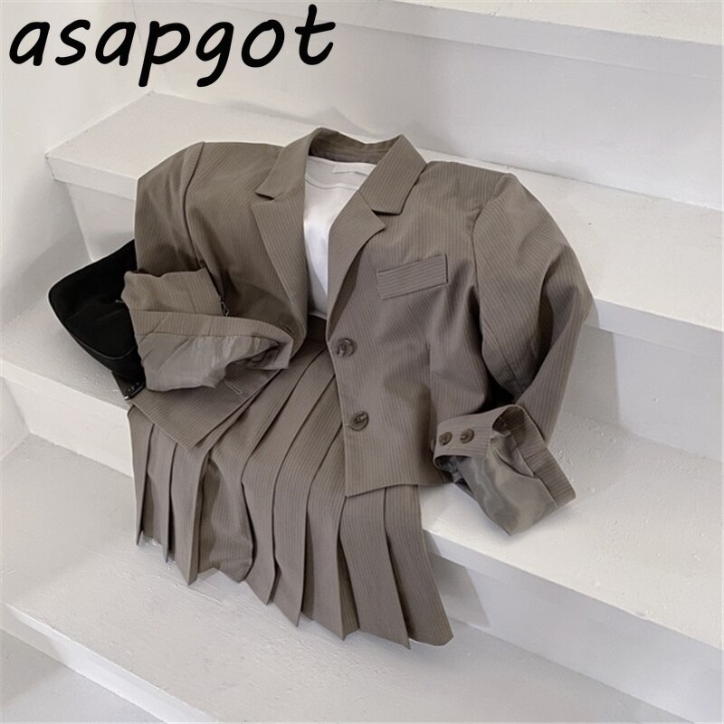 Blazer negro y trajes de falda para mujer, traje de manga larga con solapa a rayas, chaqueta, Falda plisada a la , conjunto de 2 piezas