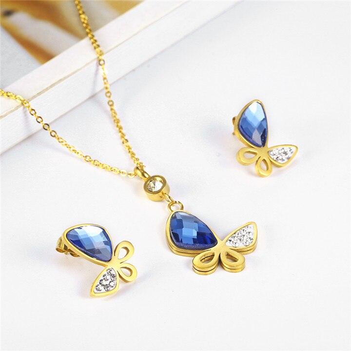 OUFEI Glass Stone Necklace Earrings Set Stainless Steel Jewelry Woman Vogue Bridal Jewelry Sets Jewelry Accessories: Default Title