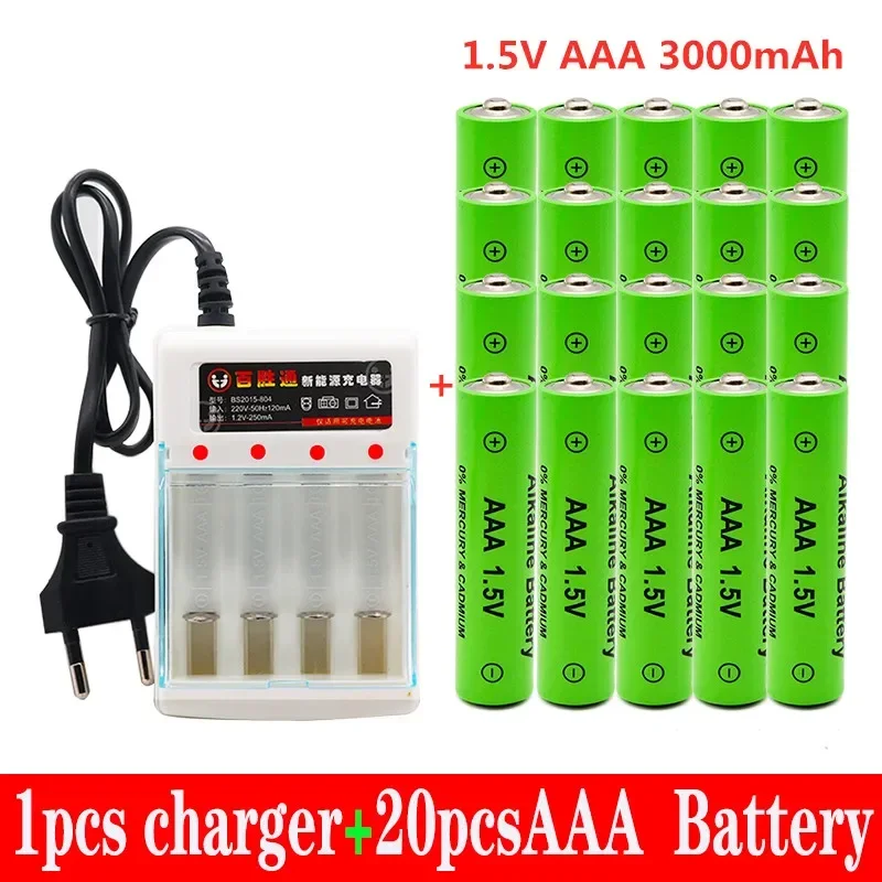 100% nouvelle pile AAA 3000 MAh batterie Rechargeable AAA 1.5 V 3000 MAh Rechargeable Alcalinas Drummey + chargeur: Bleu