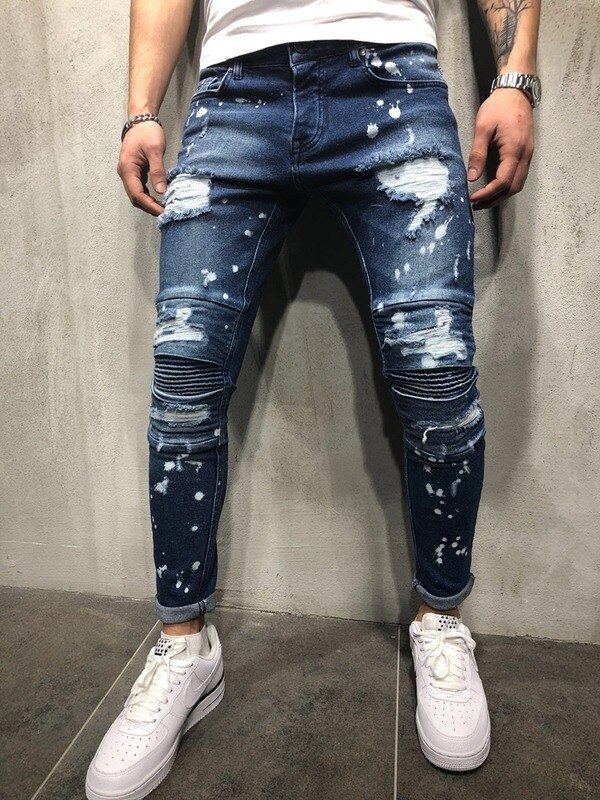 Men Hip Hop Ripped Splashing Ink Skinny Biker Jeans Knee Pleated Distressed Motorcycle Streetwear Men Joggers Denim Trousers