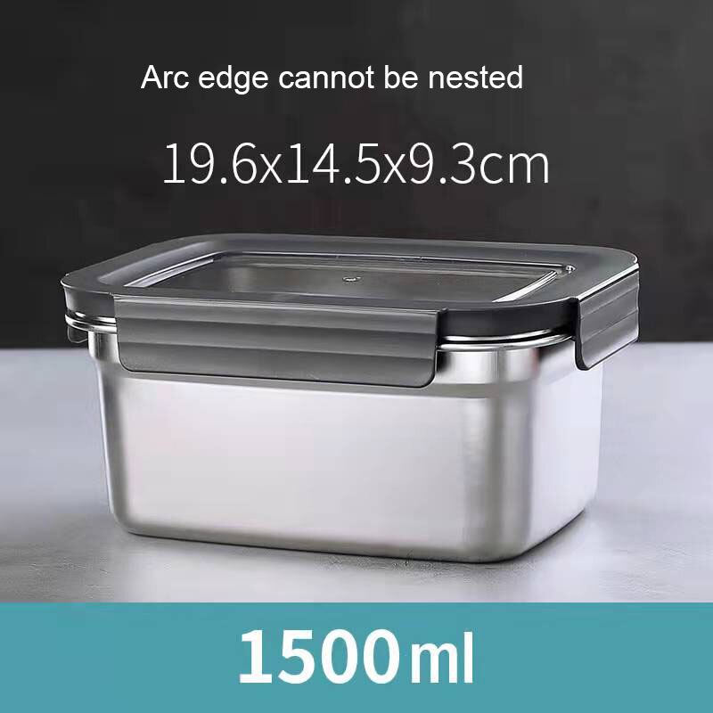 304 Stainless Steel Food Preservation Box Refrigerator Crisper Set Fruit Sealed Box Lunch Box Table Freezer Box Tableware: 1500ml