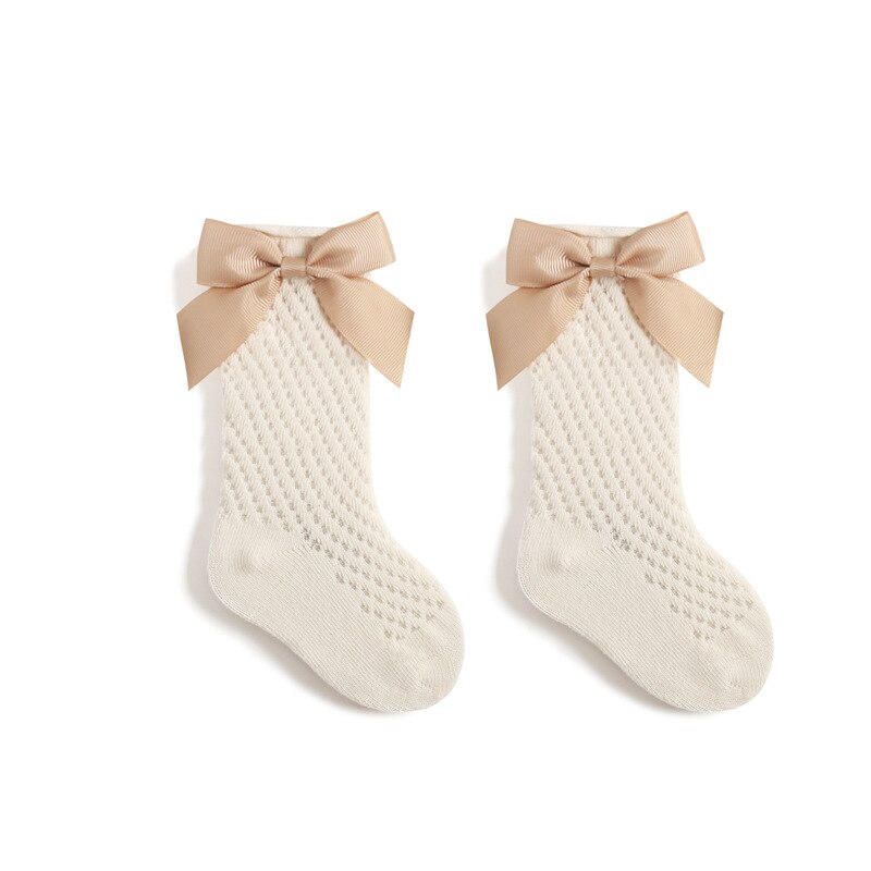 Verão crianças meias floral grande arco crianças meninas joelho alta meia longa algodão macio oco para fora meias do bebê malha menina princesa socken: 5 / 3-5years
