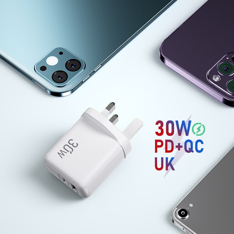 Ładowarka sieciowa 45W GaN ładowarka USB szybka ładowarka do telefonu iPhone Samsung iPad Laptop PD USB C szybka ładowarka 3.0 typ C Adapter: White UK 30W