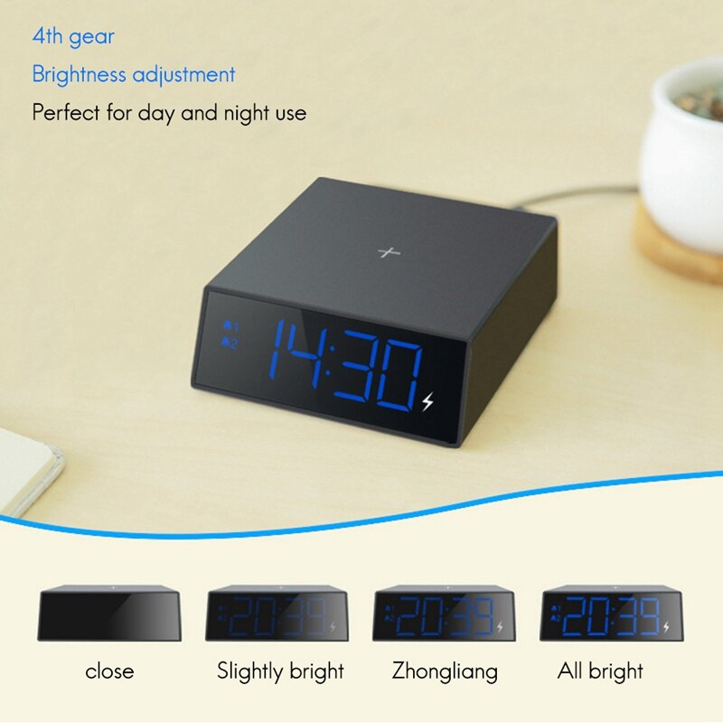 Digital Alarm Clock with Wireless Charger - Clear LED Display Snooze for Bedroom Office Travel, for iPhone Samsung