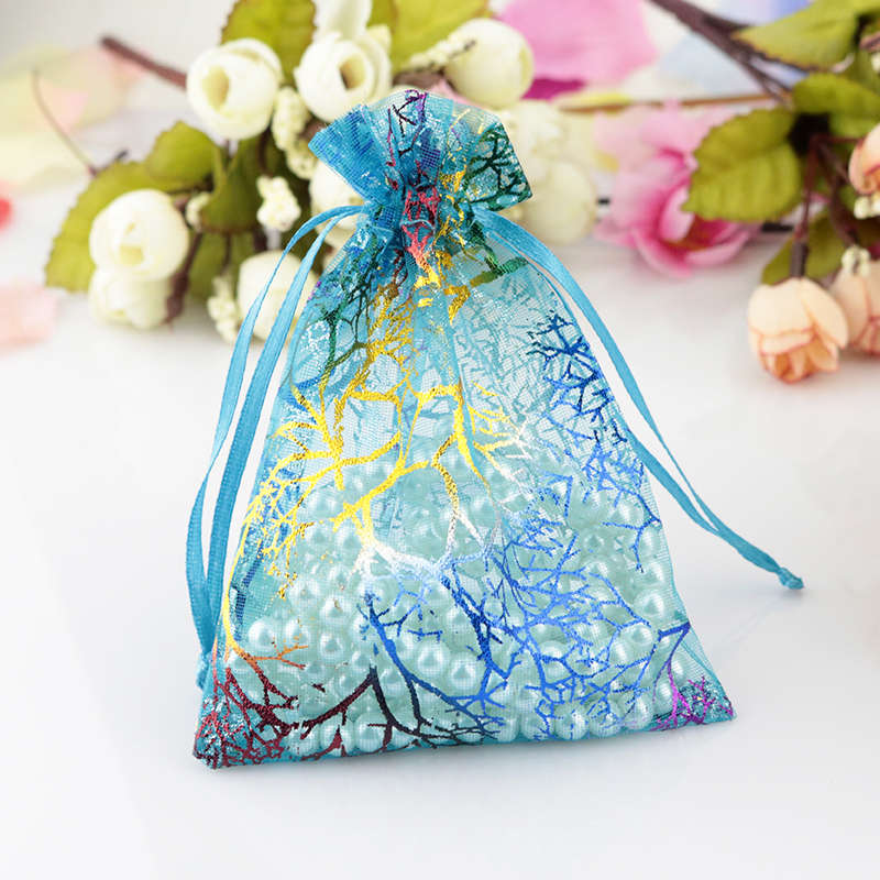 20 sztuk/partia koral wzór torby z organzy 7x9 9x12 13x18 cm Charms kosmetyki torby do pakowania biżuterii party sznurkiem prezent torba torebki: Niebieski / 7x9cm 20pcs