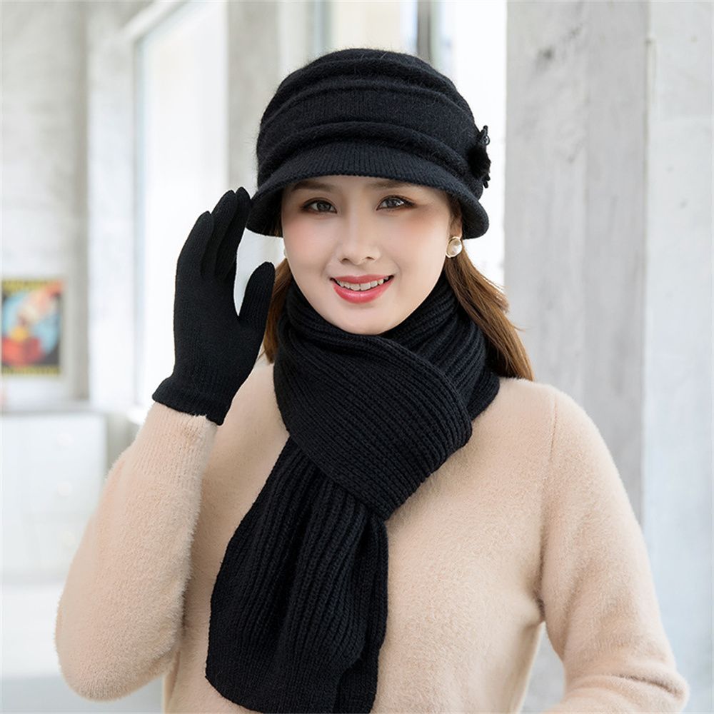 2/3pcs/Set Ladies Warm Thick Women Hat Scarf Set Knitted Beanies Caps Winter Hats Knitted Gloves Winter Hats: black-3pcs