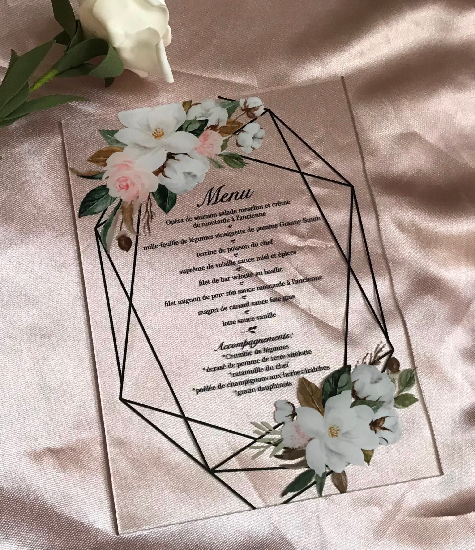 Pink,White Rose,Peony,10pcs Acrylic Wedding Menu Cards,Acrylic Wedding Invitations,Custom Greenery Acrylic Party Dinner Menu