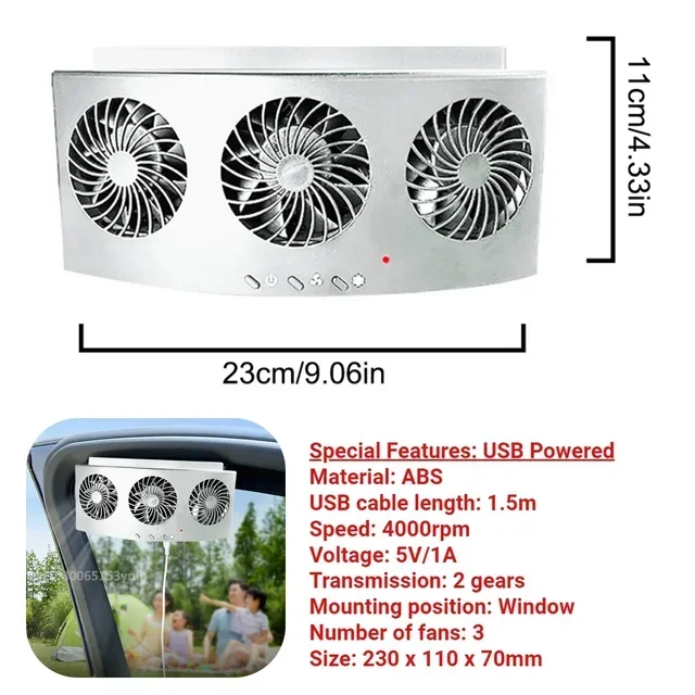 Bilventilator 3 køleblæsere soldrevet køleventil udstødning bærbar sikker bilventilator amd usb tilbehør: Grå
