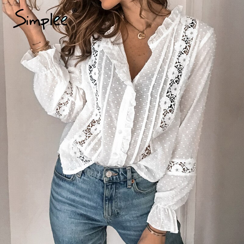 Simplee forår sommer chic hvid bluse vintage udhulet kvindelige kontor damer toppe afslappet blonder lange ærmer korte toppe: Hvid / S