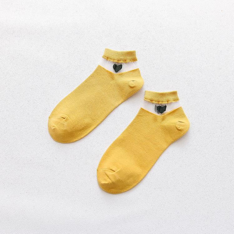 Chaussettes style coréen armkin pour femmes, motif cœur, chaussettes d'été décontractées et mignonnes, en coton respirant: Jaune
