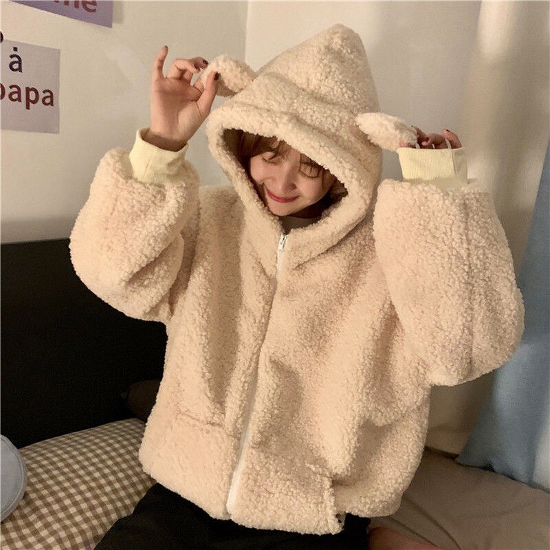 Nicemix varm fleecejakke til kvinder solid lodnet lynlås hættetrøjer teddy hættetrøje femme jakke dame plus size hættejakke i plys