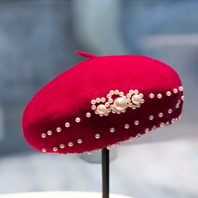 Béret noir rétro britannique pour femmes, automne et hiver, couleur pure, chapeau de peintre de perles en laine, chapeau de citrouille japonais à strass: wine red