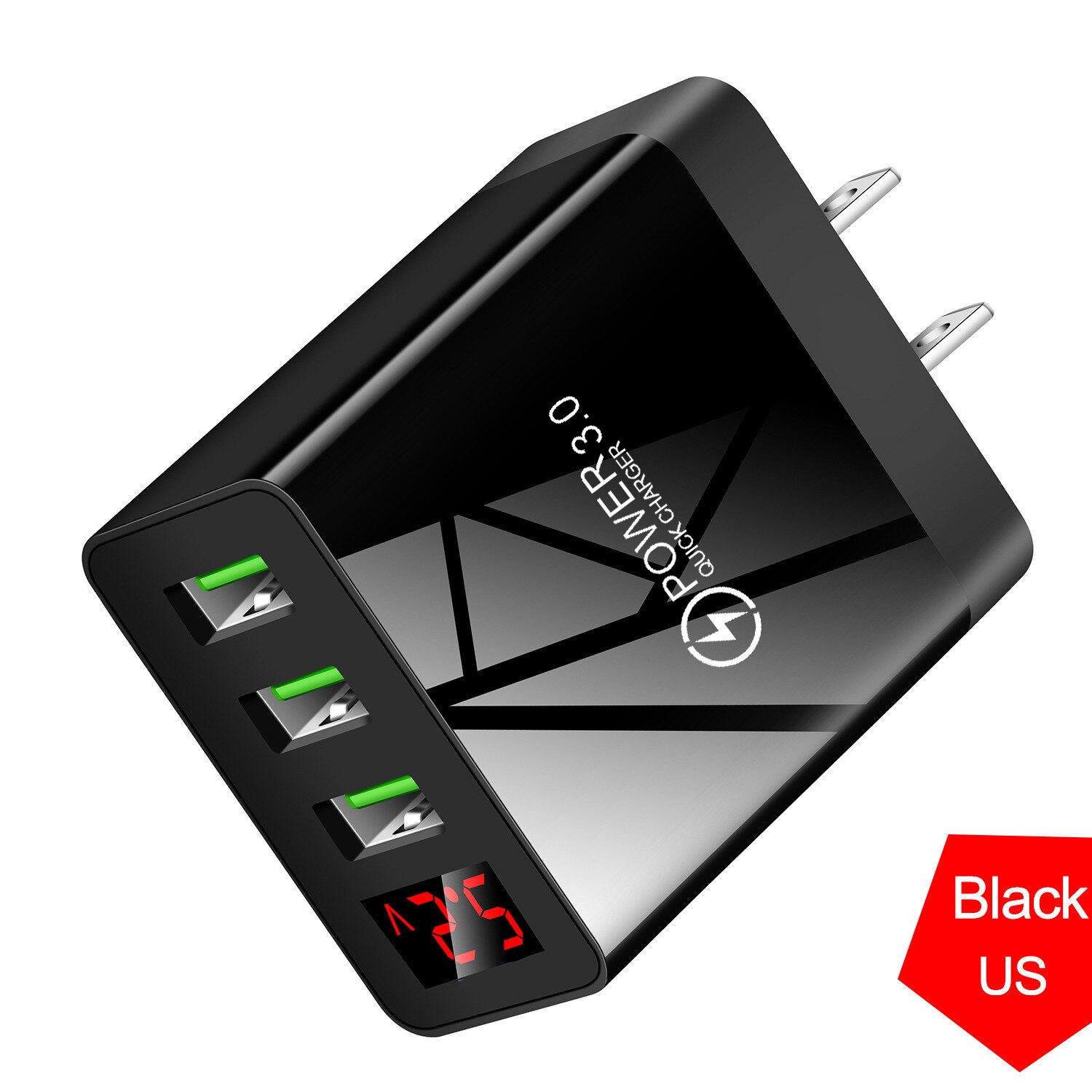 Ładowarka USB 5V 3A szybka ładowarka do telefonu QC 3.0 do Samsung S20 iPhone Xiaomi telefon komórkowy wyświetlacz LED 3 porty ładowarka ścienna Adapter: US Plug Black